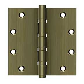 Deltana [DSB55B5] Solid Brass Door Butt Hinge - Ball Bearing - Button Tip - Square Corner - Antique Brass Finish - Pair - 5" H x 5" W
