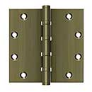 Deltana [DSB55B5] Solid Brass Door Butt Hinge - Ball Bearing - Button Tip - Square Corner - Antique Brass Finish - Pair - 5" H x 5" W