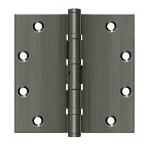 Deltana [DSB55NB15A] Solid Brass Door Butt Hinge - Ball Bearing - Non-Removable Pin - Button Tip - Square Corner - Antique Nickel Finish - Pair - 5" H x 5" W