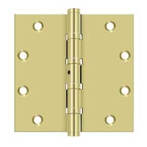 Deltana [DSB55NB3] Solid Brass Door Butt Hinge - Ball Bearing - Non-Removable Pin - Button Tip - Square Corner - Polished Brass Finish - Pair - 5" H x 5" W