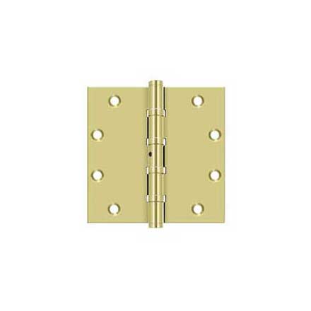Deltana [DSB55NB3] Solid Brass Door Butt Hinge - Ball Bearing - Non-Removable Pin - Button Tip - Square Corner - Polished Brass Finish - Pair - 5&quot; H x 5&quot; W