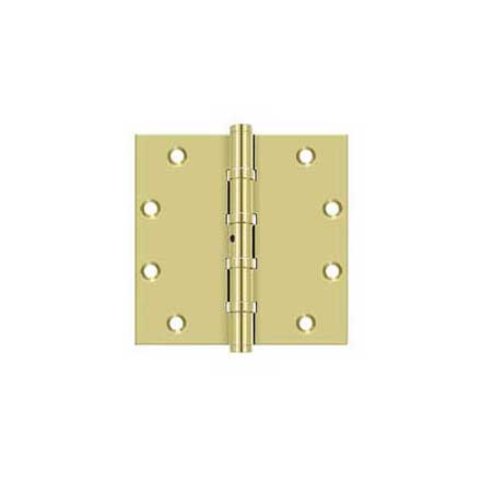 Deltana [DSB55NB3] Solid Brass Door Butt Hinge - Ball Bearing - Non-Removable Pin - Button Tip - Square Corner - Polished Brass Finish - Pair - 5&quot; H x 5&quot; W