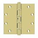 Deltana [DSB55NB3] Solid Brass Door Butt Hinge - Ball Bearing - Non-Removable Pin - Button Tip - Square Corner - Polished Brass Finish - Pair - 5&quot; H x 5&quot; W