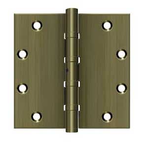 Deltana [DSB55NB5] Solid Brass Door Butt Hinge - Ball Bearing - Non-Removable Pin - Button Tip - Square Corner - Antique Brass Finish - Pair - 5" H x 5" W