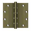 Deltana [DSB55NB5] Solid Brass Door Butt Hinge - Ball Bearing - Non-Removable Pin - Button Tip - Square Corner - Antique Brass Finish - Pair - 5" H x 5" W