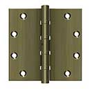 Deltana [DSB55NB5] Solid Brass Door Butt Hinge - Ball Bearing - Non-Removable Pin - Button Tip - Square Corner - Antique Brass Finish - Pair - 5&quot; H x 5&quot; W