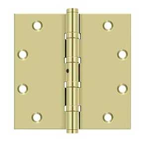 Deltana [DSB55NBU3-UNL] Solid Brass Door Butt Hinge - Ball Bearing - Non-Removable Pin - Button Tip - Square Corner - Polished Brass (Unlacquered) Finish - Pair - 5" H x 5" W