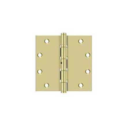 Deltana [DSB55NBU3-UNL] Solid Brass Door Butt Hinge - Ball Bearing - Non-Removable Pin - Button Tip - Square Corner - Polished Brass (Unlacquered) Finish - Pair - 5&quot; H x 5&quot; W