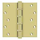 Deltana [DSB66BB3] Solid Brass Door Butt Hinge - Ball Bearing - Button Tip - Square Corner - Polished Brass Finish - Pair - 6" H x 6" W