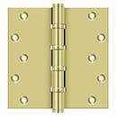 Deltana [DSB66BB3] Solid Brass Door Butt Hinge - Ball Bearing - Button Tip - Square Corner - Polished Brass Finish - Pair - 6" H x 6" W
