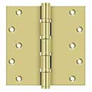 Deltana [DSB66BB3] Solid Brass Door Butt Hinge - Ball Bearing - Button Tip - Square Corner - Polished Brass Finish - Pair - 6&quot; H x 6&quot; W