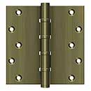 Deltana [DSB66BB5] Solid Brass Door Butt Hinge - Ball Bearing - Button Tip - Square Corner - Antique Brass Finish - Pair - 6" H x 6" W
