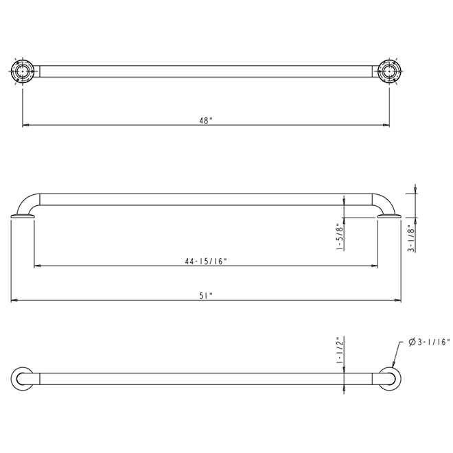 Elements [GRAB48R] Stainless Steel Bathroom Safety Grab Bar 48" C/C