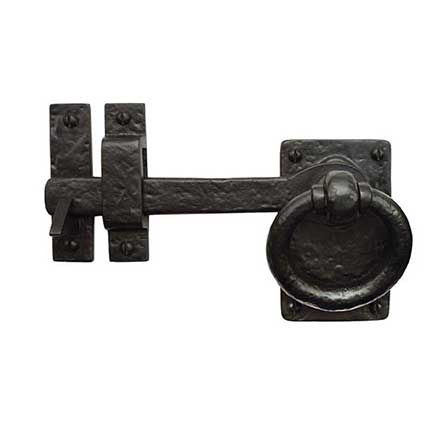 Iron Valley [T-81-511-LH] Cast Iron Gate Ring Turn Drop Bar Latch - Square Plate - Left Handed - Flat Black Finish -7&quot; L