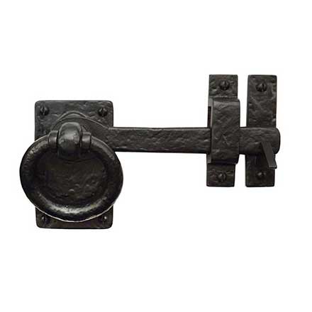 Iron Valley [T-81-511-RH] Cast Iron Gate Ring Turn Drop Bar Latch - Square Plate - Right Handed - Flat Black Finish -7&quot; L