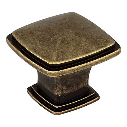 Jeffrey Alexander [1091AEM] Die Cast Zinc Cabinet Knob - Milan 1 Series - Lightly Distressed Antique Brass Finish - 1 3/16&quot; Sq.