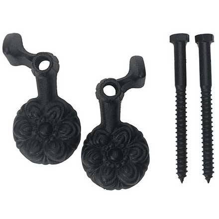 John Wright [088259] Cast Iron Shutter Dogs - Lag Mount - Vintage Flower - Pair - Flat Black - 4 1/4&quot; L