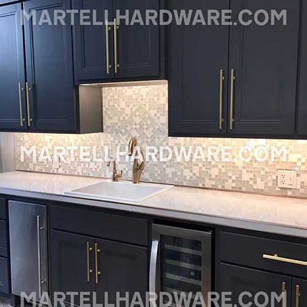 Navy Blue Kitchen Featuring Brushed Brass Square Bar Series by Lewis Dolin - Lew's Hardware Kitchen & Cabinet Hardware