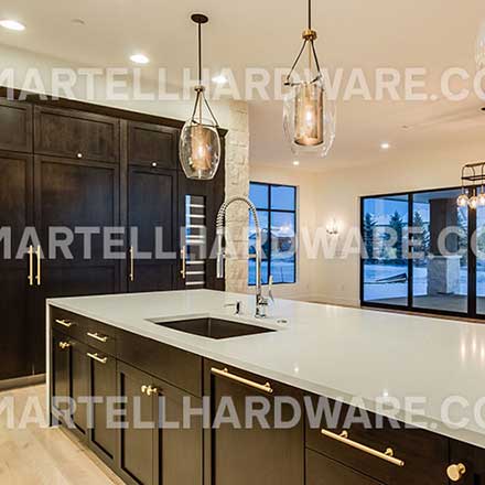 Dark Walnut Kitchen Featuring Brushed Brass Round Bar Series by Lewis Dolin - Lew's Hardware Kitchen & Cabinet Hardware