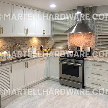 Full Overlay Shaker Kitchen Featuring Brushed Brass Square Bar Series by Lewis Dolin - Lew's Hardware Kitchen & Cabinet Hardware