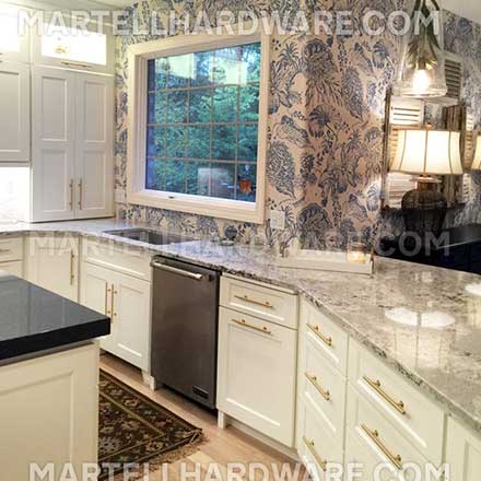 Panel Ready Fridge &amp; Shaker Kitchen Featuring Brushed Brass Round Bar Series by Lewis Dolin