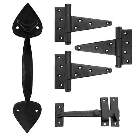 Martell Supply [GK1S1-3] Brass Light Duty Gate T-Hinge &amp; Thumb Latch Kit - Spear End - 3 Hinge - Flat Black Finish