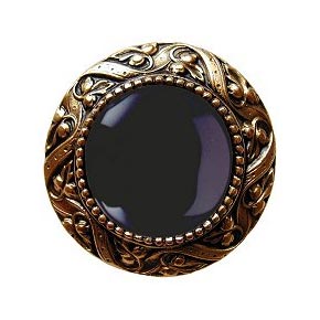 Notting Hill [NHK-124-G-O] Solid Pewter Cabinet Knob - Victorian Jewel - Onyx Natural Stone - 24K Gold Plate Finish - 1 5/16" Dia.