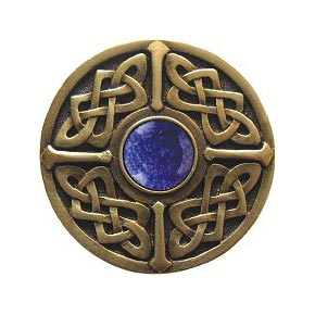 Notting Hill [NHK-158-AB-BS] Solid Pewter Cabinet Knob - Celtic Jewel - Blue Sodalite Natural Stone - Antique Brass Finish - 1 3/8" Dia.