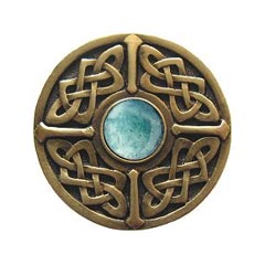 Notting Hill [NHK-158-AB-GA] Solid Pewter Cabinet Knob - Celtic Jewel - Green Aventurine Natural Stone - Antique Brass Finish - 1 3/8&quot; Dia.