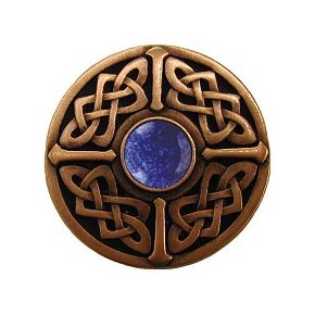Notting Hill [NHK-158-AC-BS] Solid Pewter Cabinet Knob - Celtic Jewel - Blue Sodalite Natural Stone - Antique Copper Finish - 1 3/8" Dia.