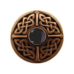 Notting Hill [NHK-158-AC-O] Solid Pewter Cabinet Knob - Celtic Jewel - Onyx Natural Stone - Antique Copper Finish - 1 3/8" Dia.