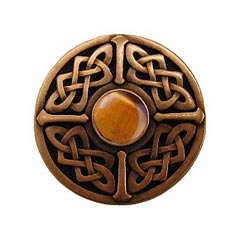 Notting Hill [NHK-158-AC-TE] Solid Pewter Cabinet Knob - Celtic Jewel - Tiger Eye Natural Stone - Antique Copper Finish - 1 3/8&quot; Dia.