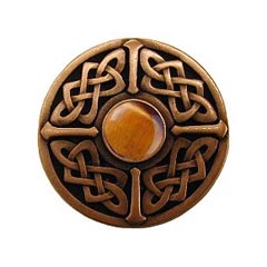 Notting Hill [NHK-158-AC-TE] Solid Pewter Cabinet Knob - Celtic Jewel - Tiger Eye Natural Stone - Antique Copper Finish - 1 3/8" Dia.