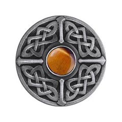 Notting Hill [NHK-158-AP-TE] Solid Pewter Cabinet Knob - Celtic Jewel - Tiger Eye Natural Stone - Antique Pewter Finish - 1 3/8&quot; Dia.