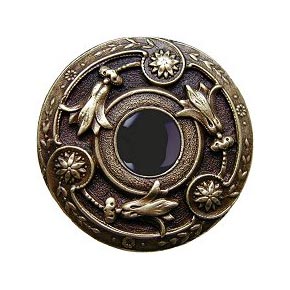 Notting Hill [NHK-161-AB-O] Solid Pewter Cabinet Knob - Jeweled Lily - Onyx Natural Stone - Antique Brass Finish - 1 3/8" Dia.