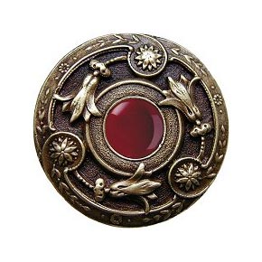 Notting Hill [NHK-161-AB-RC] Solid Pewter Cabinet Knob - Jeweled Lily - Red Carnelian Natural Stone - Antique Brass Finish - 1 3/8" Dia.