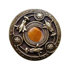 Notting Hill [NHK-161-AB-TE] Solid Pewter Cabinet Knob - Jeweled Lily - Tiger Eye Natural Stone - Antique Brass Finish - 1 3/8" Dia.