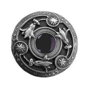 Notting Hill [NHK-161-AP-O] Solid Pewter Cabinet Knob - Jeweled Lily - Onyx Natural Stone - Antique Pewter Finish - 1 3/8" Dia.