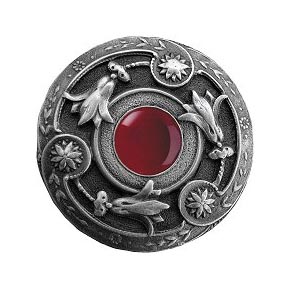 Notting Hill [NHK-161-AP-RC] Solid Pewter Cabinet Knob - Jeweled Lily - Red Carnelian Natural Stone - Antique Pewter Finish - 1 3/8" Dia.