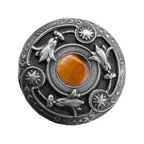 Notting Hill [NHK-161-AP-TE] Solid Pewter Cabinet Knob - Jeweled Lily - Tiger Eye Natural Stone - Antique Pewter Finish - 1 3/8" Dia.