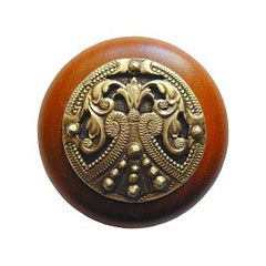 Notting Hill [NHW-701C-AB] Wood Cabinet Knob - Regal Crest - Cherry - Antique Brass Finish - 1 1/2&quot; Dia.