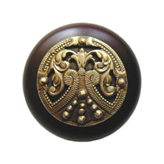 Notting Hill [NHW-701W-AB] Wood Cabinet Knob - Regal Crest - Dark Walnut - Antique Brass Finish - 1 1/2&quot; Dia.