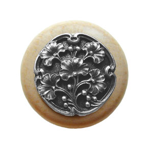 Notting Hill [NHW-702N-AP] Wood Cabinet Knob - Gingko Berry - Natural - Antique Pewter Finish - 1 1/2" Dia.
