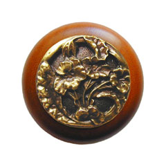 Notting Hill [NHW-704C-AB] Wood Cabinet Knob - Hibiscus - Cherry - Antique Brass Finish - 1 1/2&quot; Dia.