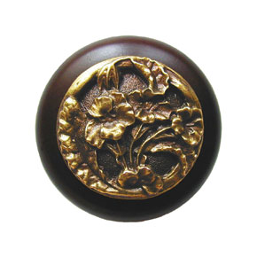 Notting Hill [NHW-704W-AB] Wood Cabinet Knob - Hibiscus - Dark Walnut - Antique Brass Finish - 1 1/2" Dia.