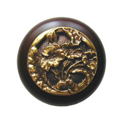 Notting Hill [NHW-704W-AB] Wood Cabinet Knob - Hibiscus - Dark Walnut - Antique Brass Finish - 1 1/2" Dia.