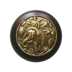 Notting Hill [NHW-705W-AB] Wood Cabinet Knob - Jungle Patrol - Dark Walnut - Antique Brass Finish - 1 1/2&quot; Dia.