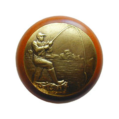 Notting Hill [NHW-707C-AB] Wood Cabinet Knob - Catch of the Day - Cherry - Antique Brass Finish - 1 1/2&quot; Dia.