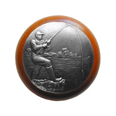 Notting Hill [NHW-707C-AP] Wood Cabinet Knob - Catch of the Day - Cherry - Antique Pewter Finish - 1 1/2&quot; Dia.