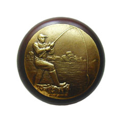 Notting Hill [NHW-707W-AB] Wood Cabinet Knob - Catch of the Day - Dark Walnut - Antique Brass Finish - 1 1/2&quot; Dia.